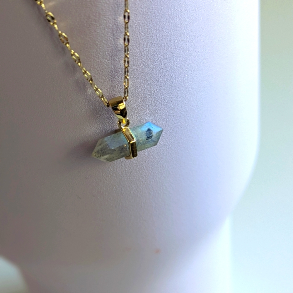 Labradorite Crystal Charm Necklace 14k Gold-plated Stainless Steel Adjustable